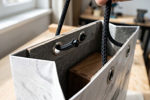 Hệ thống nẹp miệng gia cố và khuy mắt cáo kim loại bảo vệ hệ thống chịu tải của túi giấy duplex.