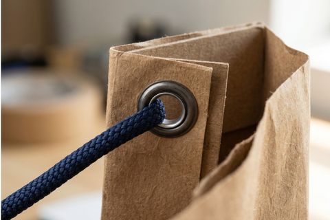 Cận cảnh khuy mắt cáo kim loại gia cố lỗ xỏ quai trong kết cấu túi giấy.