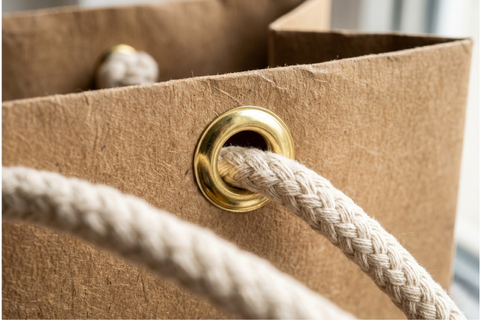 Chi tiết khuy mắt cáo kim loại giúp tăng sức bền cho dây làm quai túi giấy.