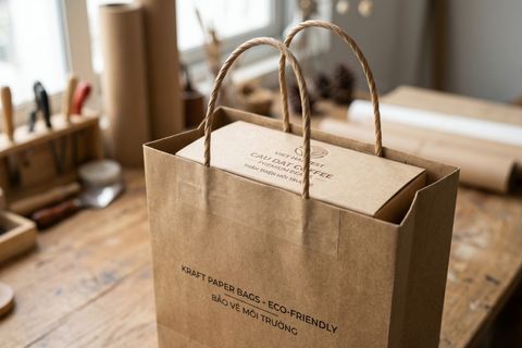 Mẫu in túi giấy có quai xoắn giấy ép nhiệt đồng bộ vật liệu cho dòng sản phẩm nông sản hữu cơ.