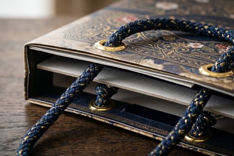 Hệ thống nẹp miệng gia cố và khuy mắt cáo kim loại bảo vệ quai xách cho túi giấy in offset gánh tải trọng nặng.