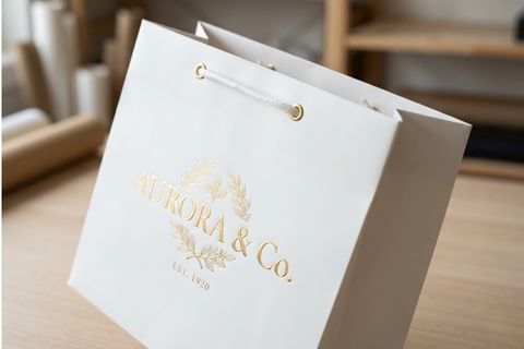 Chi tiết kỹ thuật ép kim và cán màng mờ sang trọng trong quy trình làm túi giấy cho ngành dược mỹ phẩm.