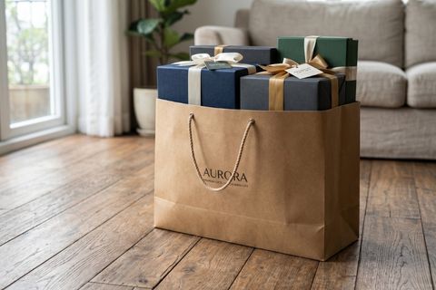 Thiết kế đáy vuông vững chãi của thành phẩm in túi giấy chất lượng cao.