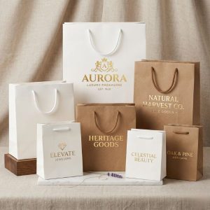 Tổng hợp các mẫu túi giấy in offset chất liệu Ivory và Kraft có kết cấu đanh thép và thiết kế logo ép kim vương giả.