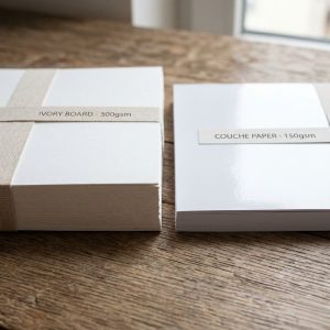 So sánh bề mặt và độ dày giữa giấy ivory và giấy couche.