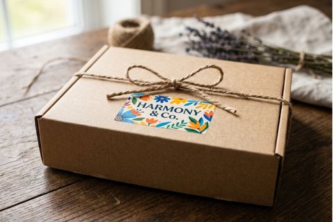 Biến tấu hộp giấy kraft có sẵn mang dấu ấn thương hiệu riêng bằng tem nhãn và dấu mộc.