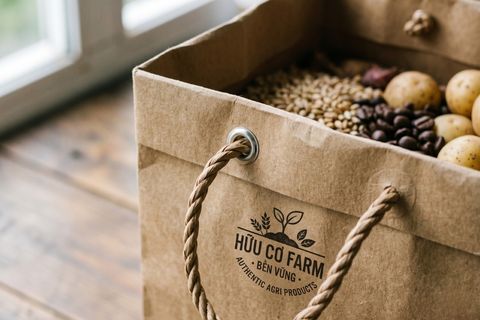 Phong cách trang trí túi giấy đơn giản mộc mạc cho nông sản sạch với hệ thống khuy kim loại chịu tải trọng lớn.