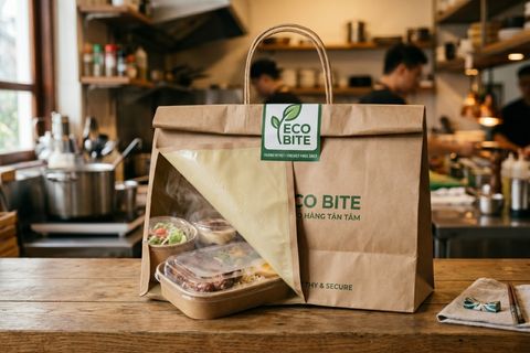 Túi giấy giao hàng ẩm thực tích hợp tem niêm phong bảo mật và lớp tráng phủ kháng dầu mỡ an toàn thực phẩm.