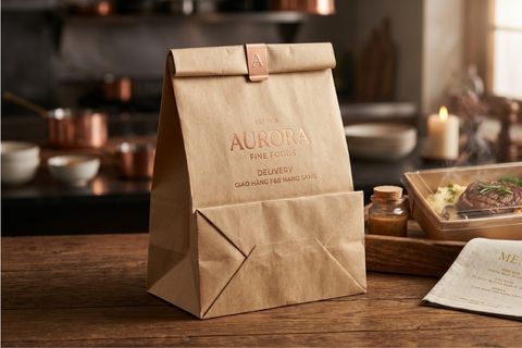Túi giấy không quai Kraft kháng ẩm, giữ nhiệt tuyệt vời cho giải pháp đóng gói thực phẩm giao tận nơi.