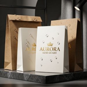 Mẫu túi giấy không thấm nước cao cấp với thiết kế phom đứng vuông vức và logo ép kim rực rỡ dưới trời mưa.