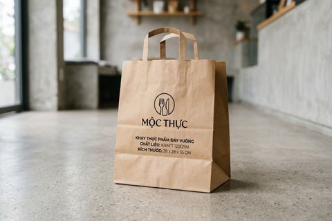 Một chiếc túi giấy kraft đáy vuông rộng, quai xách dẹt chắc chắn, in thông tin thương hiệu tối giản sắc nét.