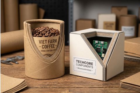 Vỏ hộp in màu giấy cứng đựng nông sản và thiết bị điện tử.